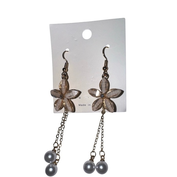 Gold Tone and Pearl Flower Drop Earrings, New - Picture 2 of 4